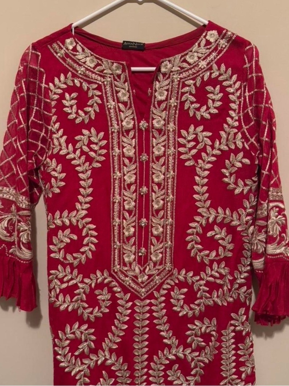 Agha Noor Red Tunic with Cream-Gold Embroidery